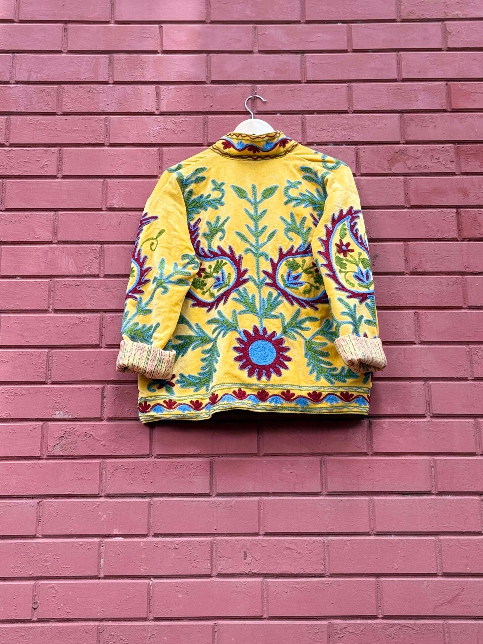 Womens Yellow Velvet Embroidered Jacket with Floral Design - Image 6