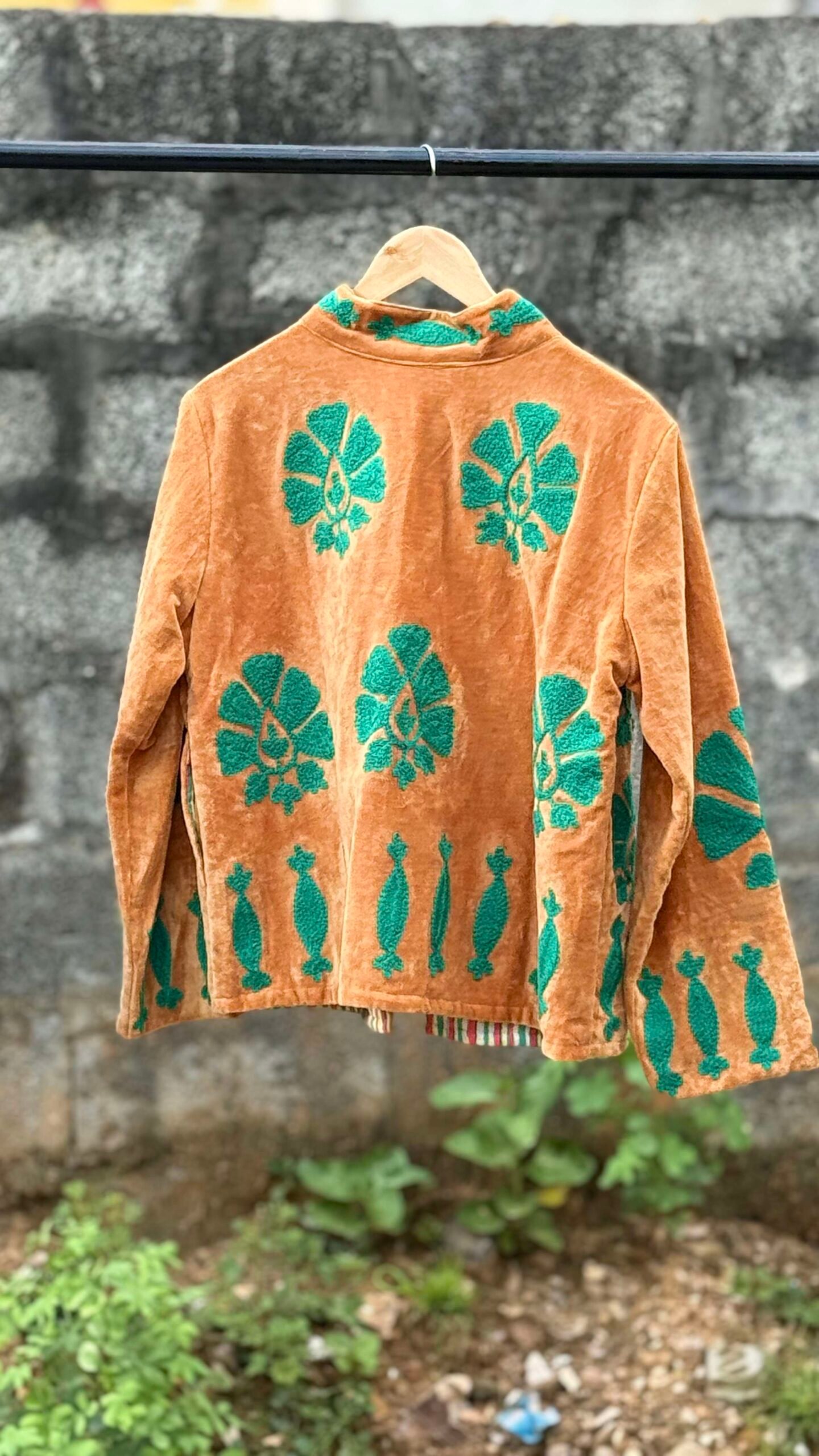 Womens Rust Velvet Embroidered Jacket with Floral Design - Image 4
