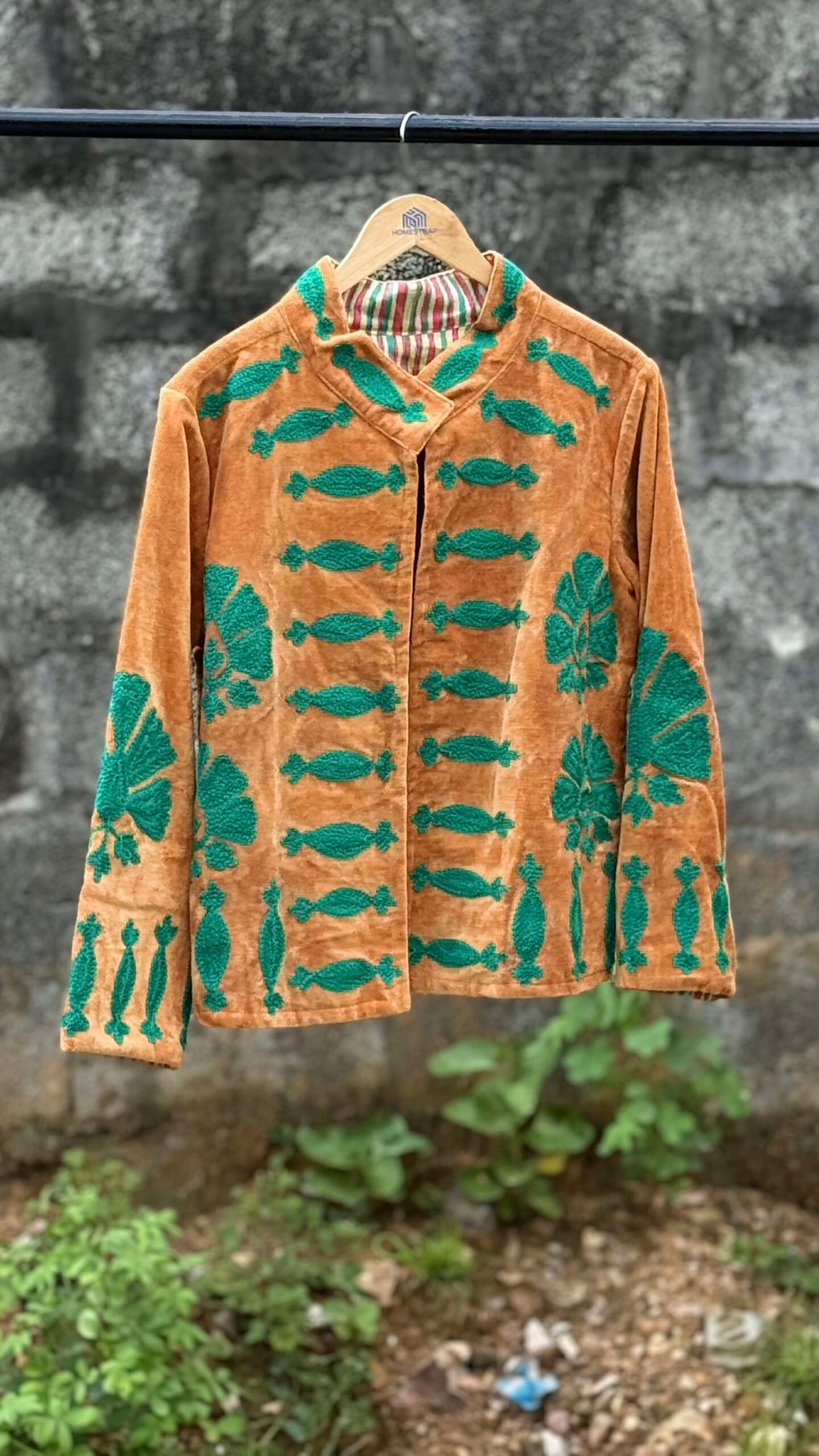 Womens Rust Velvet Embroidered Jacket with Floral Design - Image 2